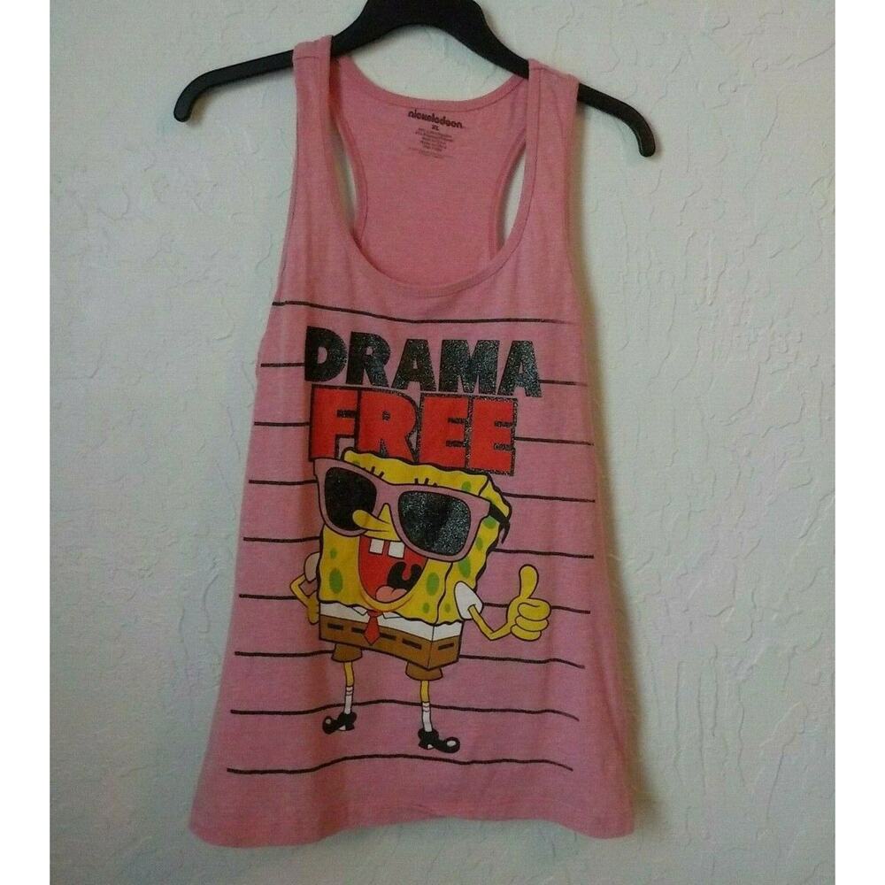 Nickelodeon Pink Tank Tee Teens Sz XL DRAMA FREE Sponge Bob Square Pants Graphic